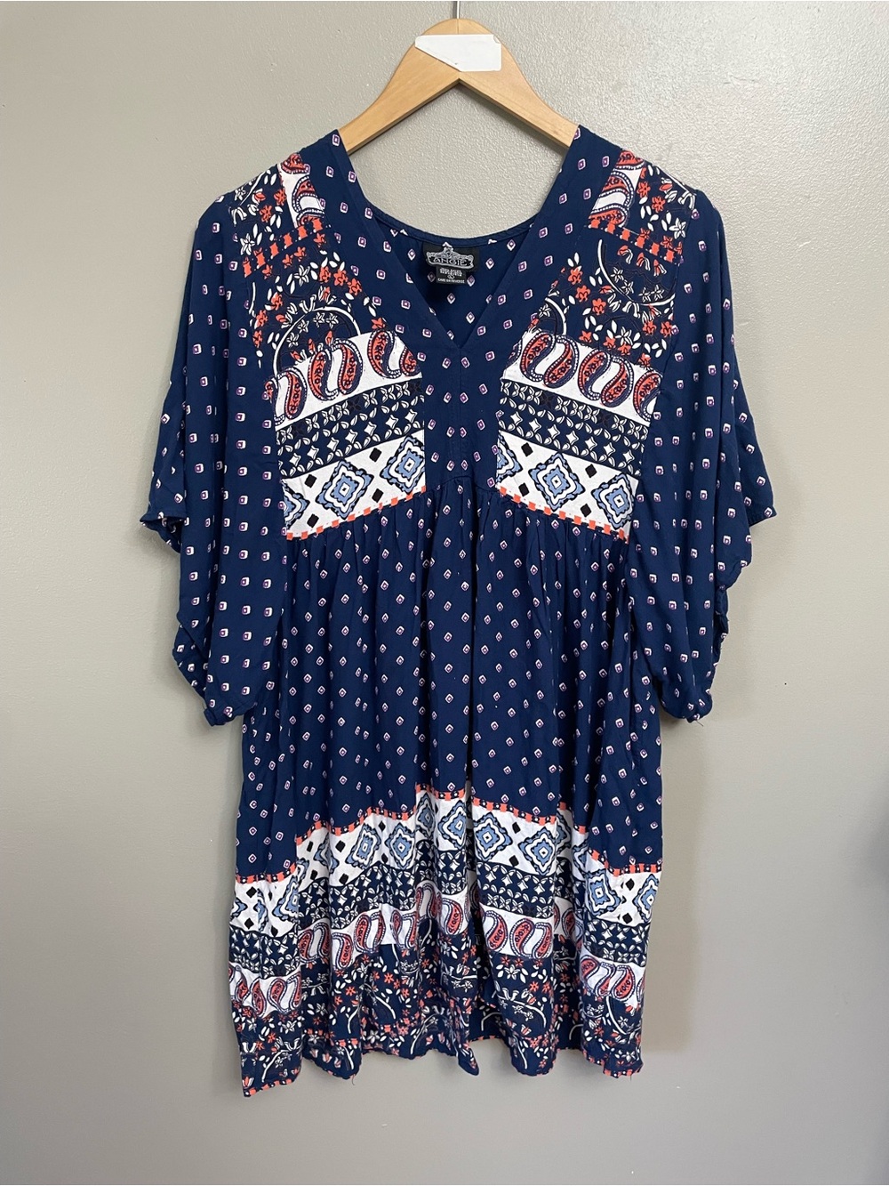 Angie Boho Mini Dress Large Navy Paisley Floral Babydoll Sleeve